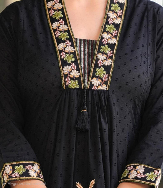 Black Embroidered Ram Boota Kurta and Pant Set with Dupatta