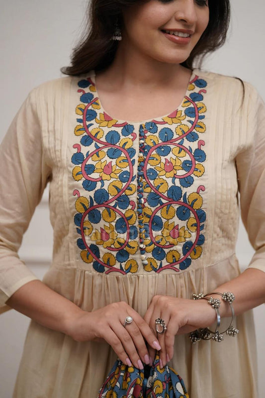 Off White Printed Cotton Kurta and Pant Set with Dupatta