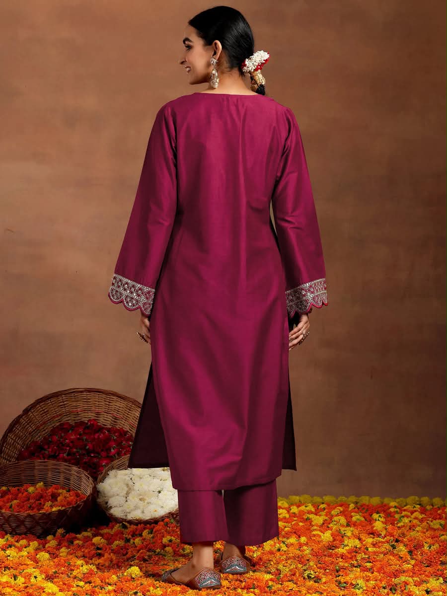 Maroon Embroidered Roman Silk Kurta and Pant Set