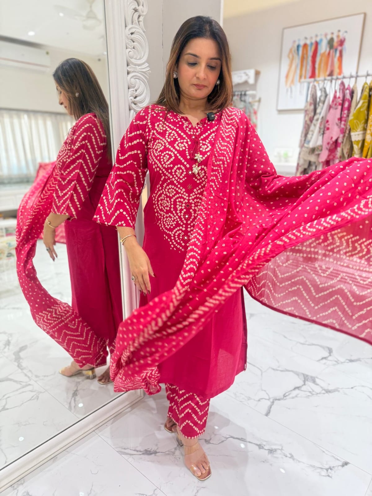 Pink Printed Cotton Kurta and Palazzo Set with Dupatta