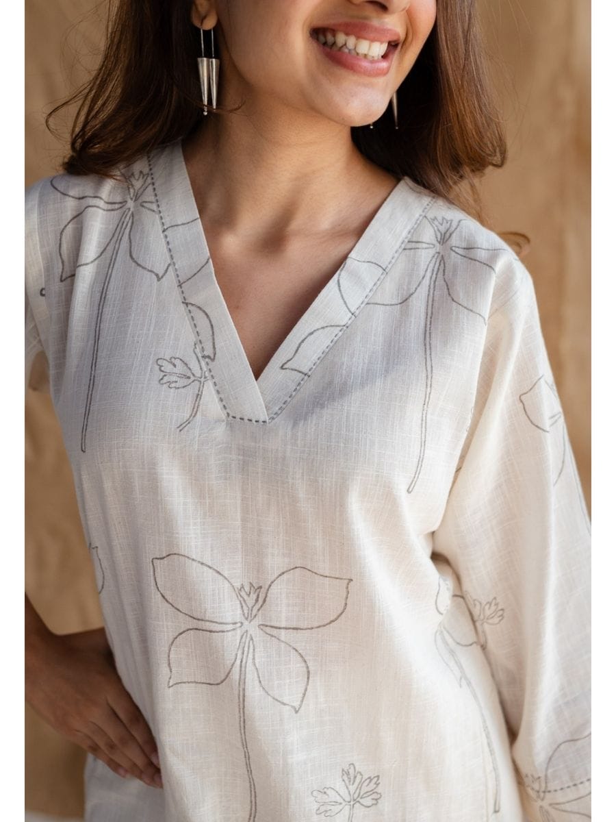 White Printed Cotton Flex Kurta and Pant Set