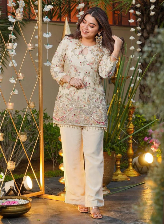 Cream Ethnic Motifs Embroidered Regular Thread Work Silk Crepe Kurti with Trousers