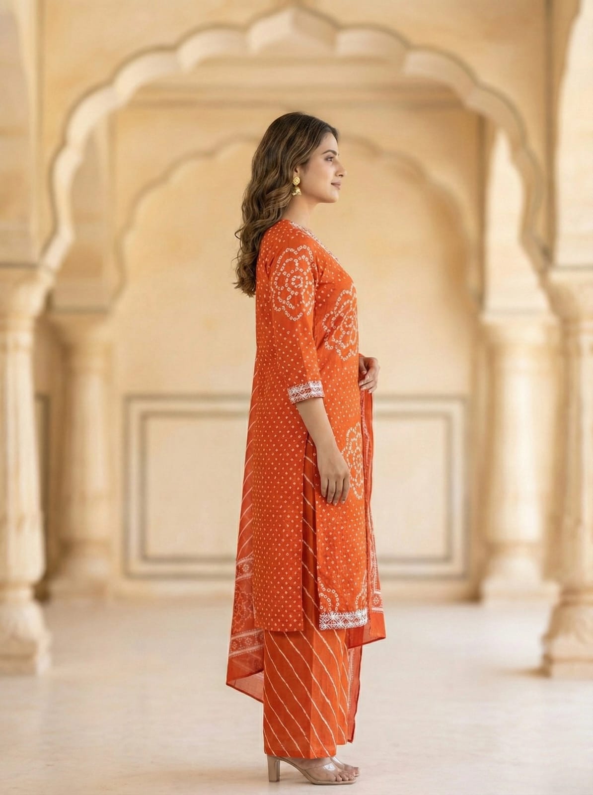 Rust Orange Printed Muslin Kurta and Pant Set with Dupatta