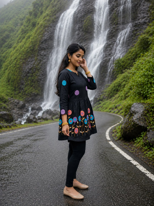 Black Embroidered Rado Cotton Short Kurti