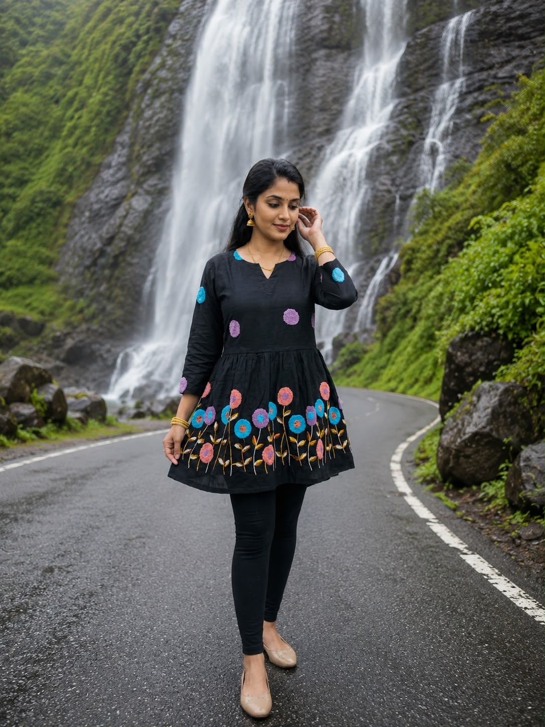 Black Embroidered Rado Cotton Short Kurti