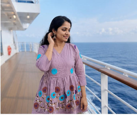 Purple Embroidered Rado Cotton Short Kurti