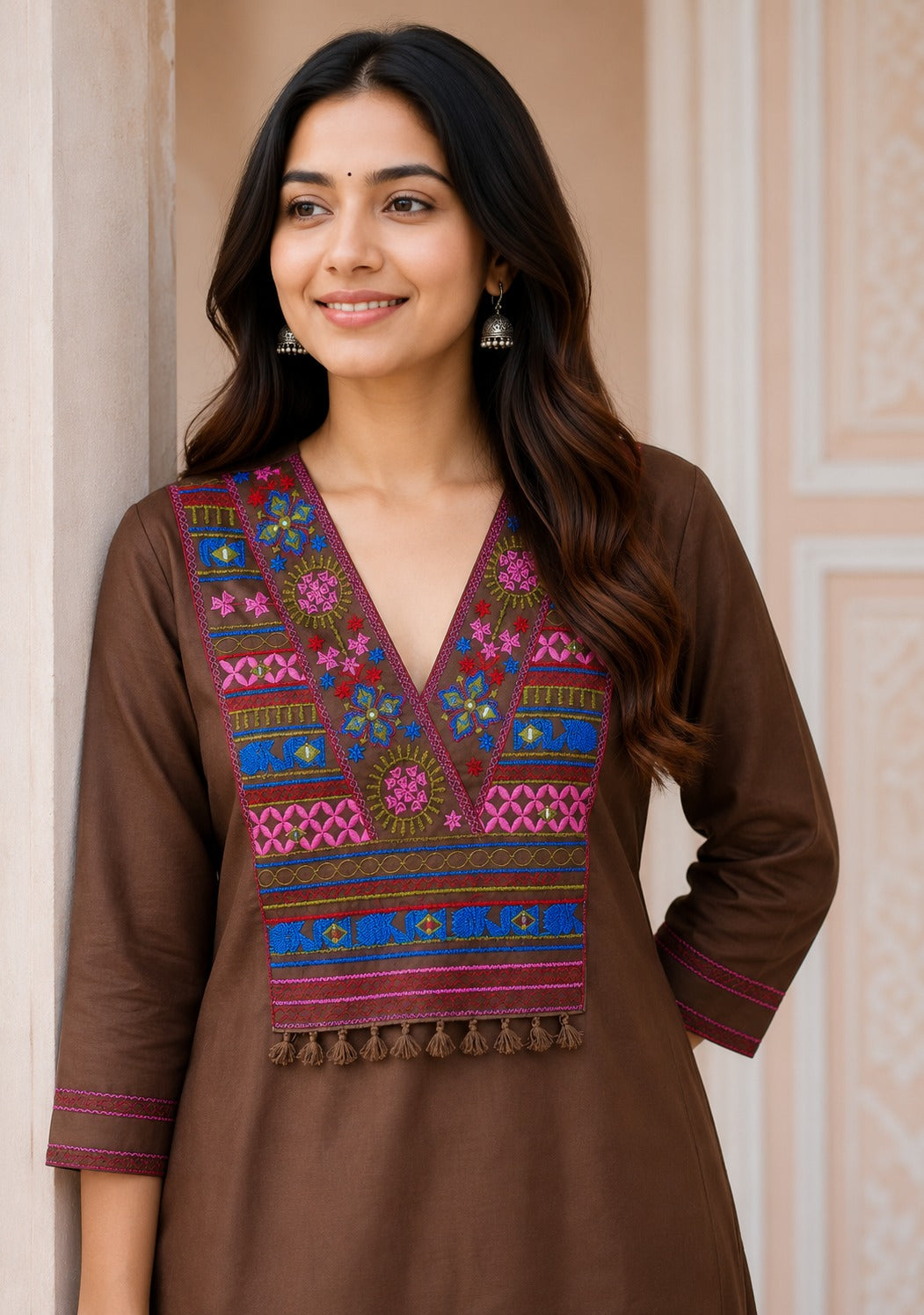 Brown Embroidered Cotton Co-Ord Set