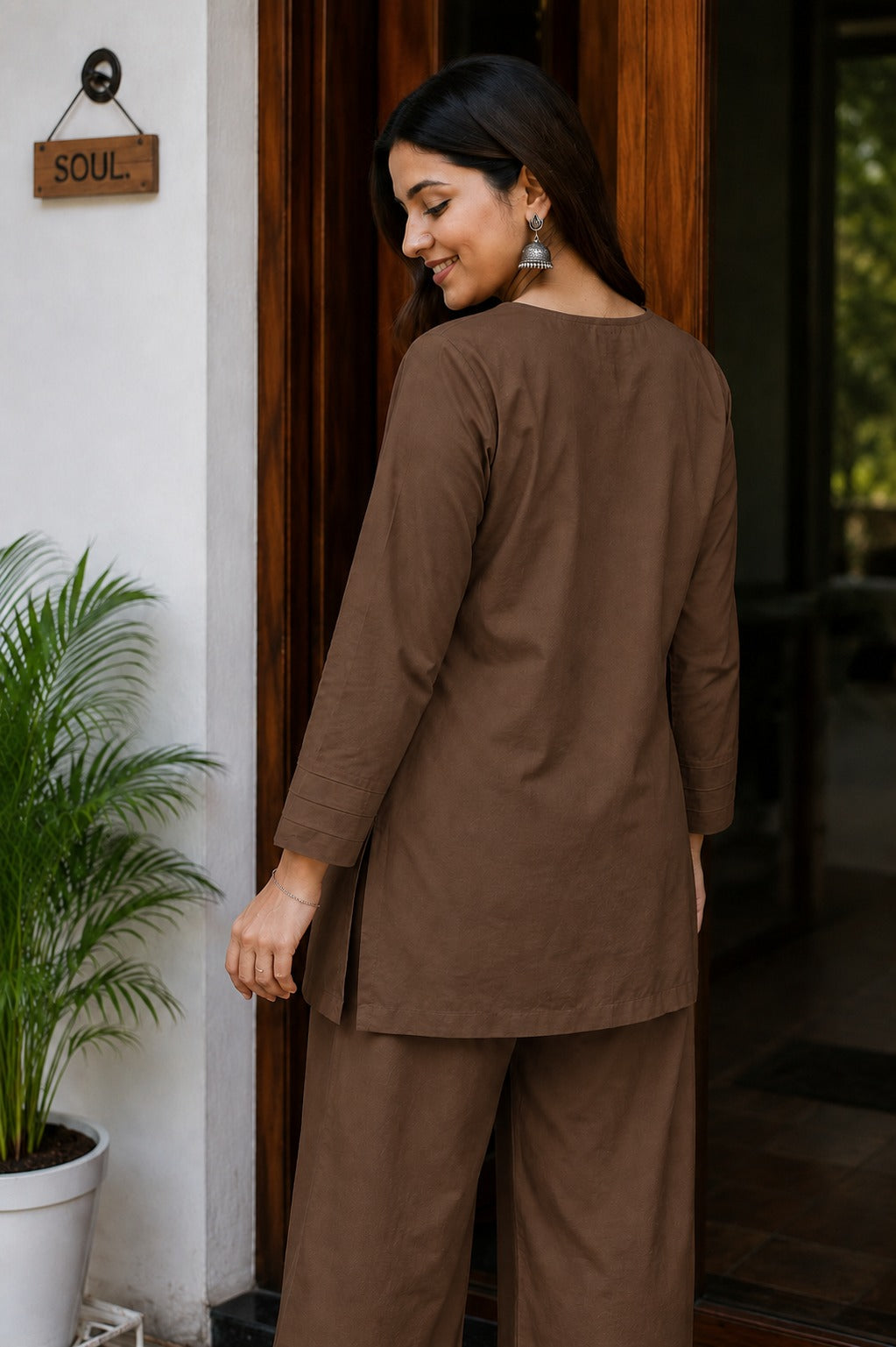 Brown Embroidered Cotton Co-Ord Set