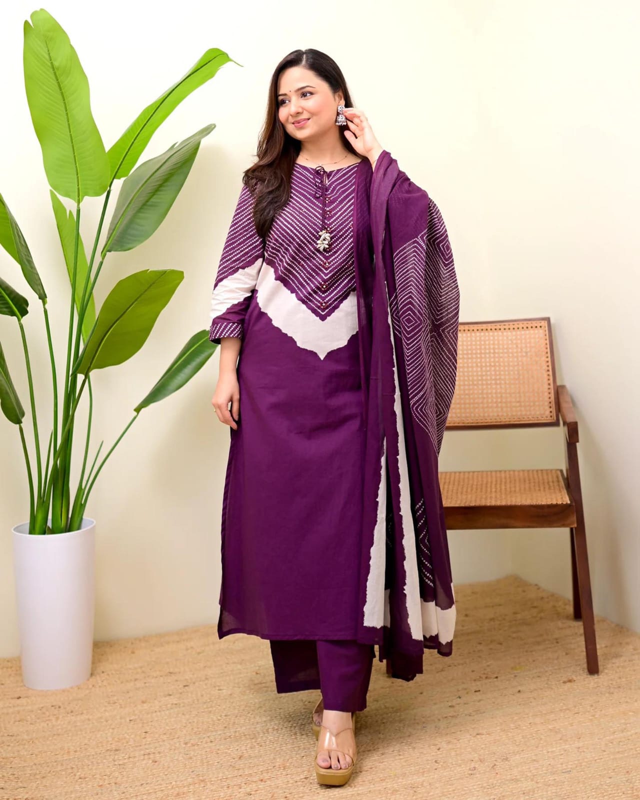 Wine Berry Mirror Work Cotton Kurta and Pant Set with Dupatta
