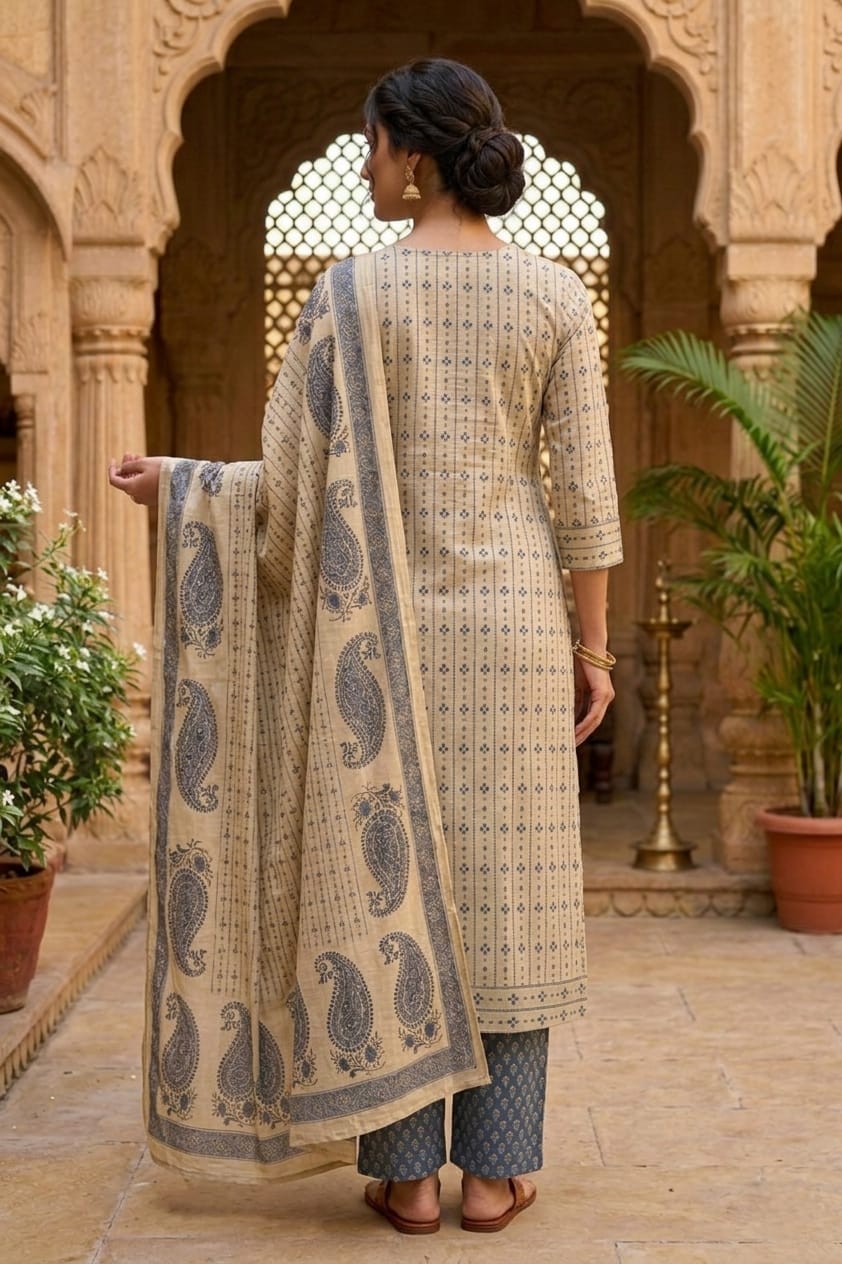 Beige Blue Printed Cotton Kurta and Pant Set with Dupatta
