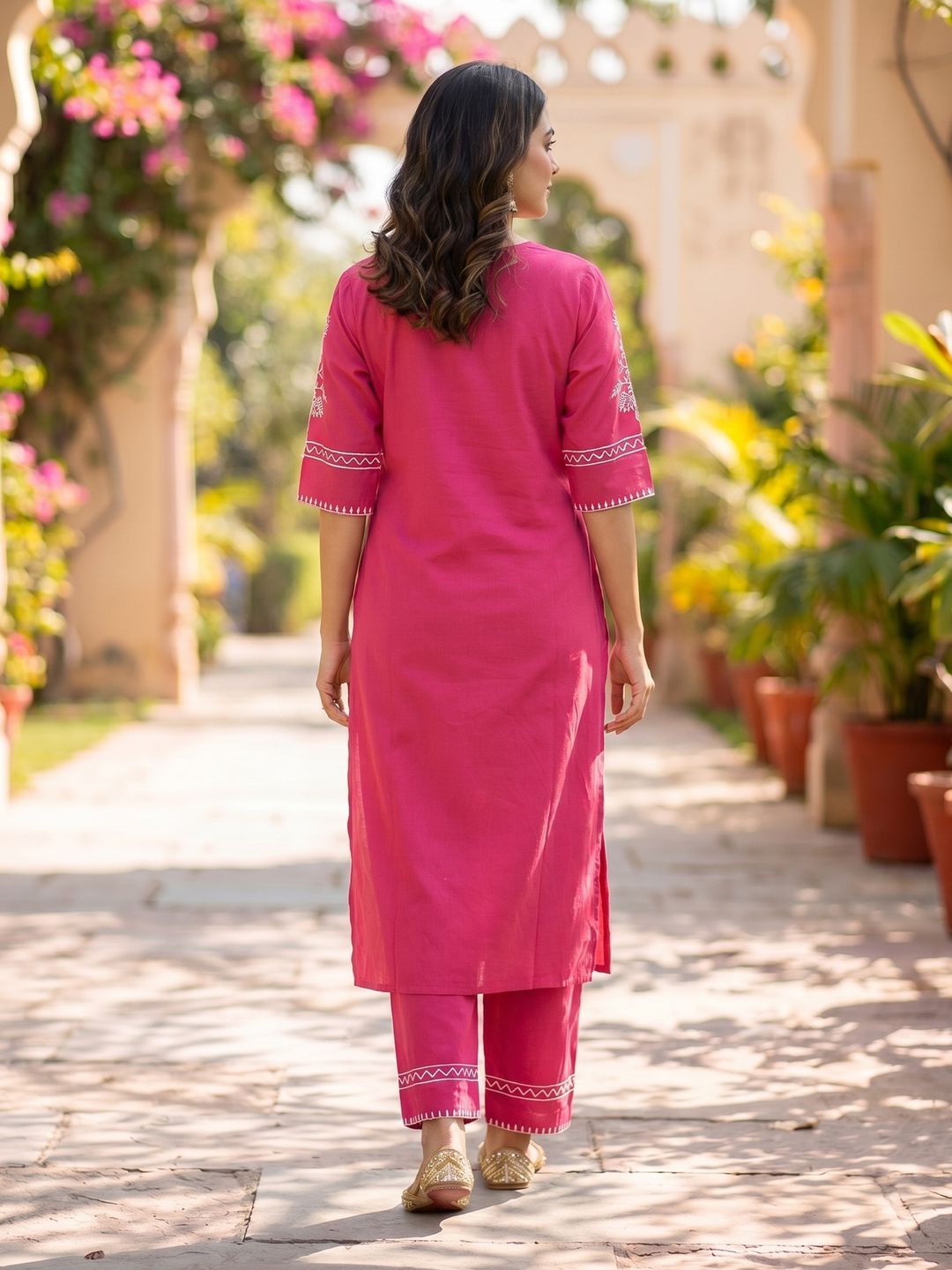 Pink Embroidered South Cotton Kurta and Pant Set