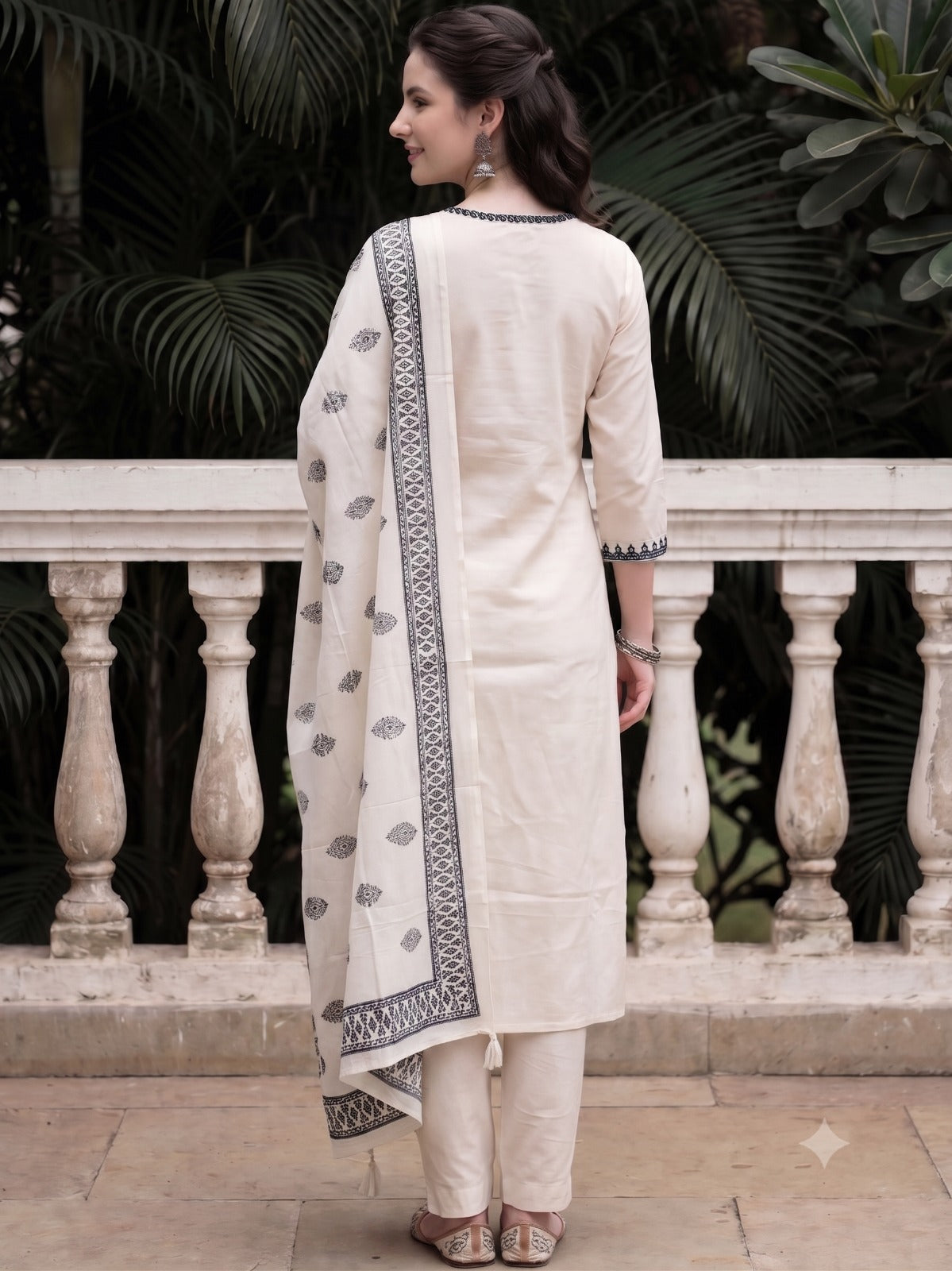 Off White Embroidered Cotton Flex Kurta and Pant Set with Dupatta