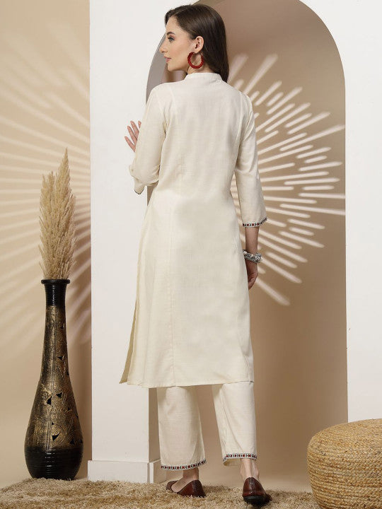 Off White Embroidered Cottn Flex Kurta and Pant Set