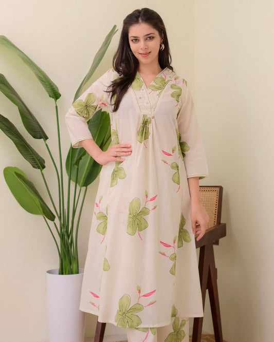 Off White Floral Printed Cotton Kurta and Palazzo Set