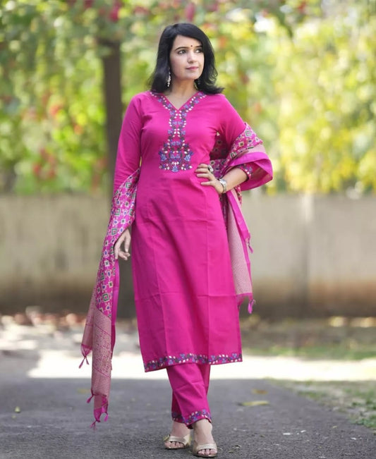 Pink Embroidered Cotton Kurta and Pant Set with Dupatta