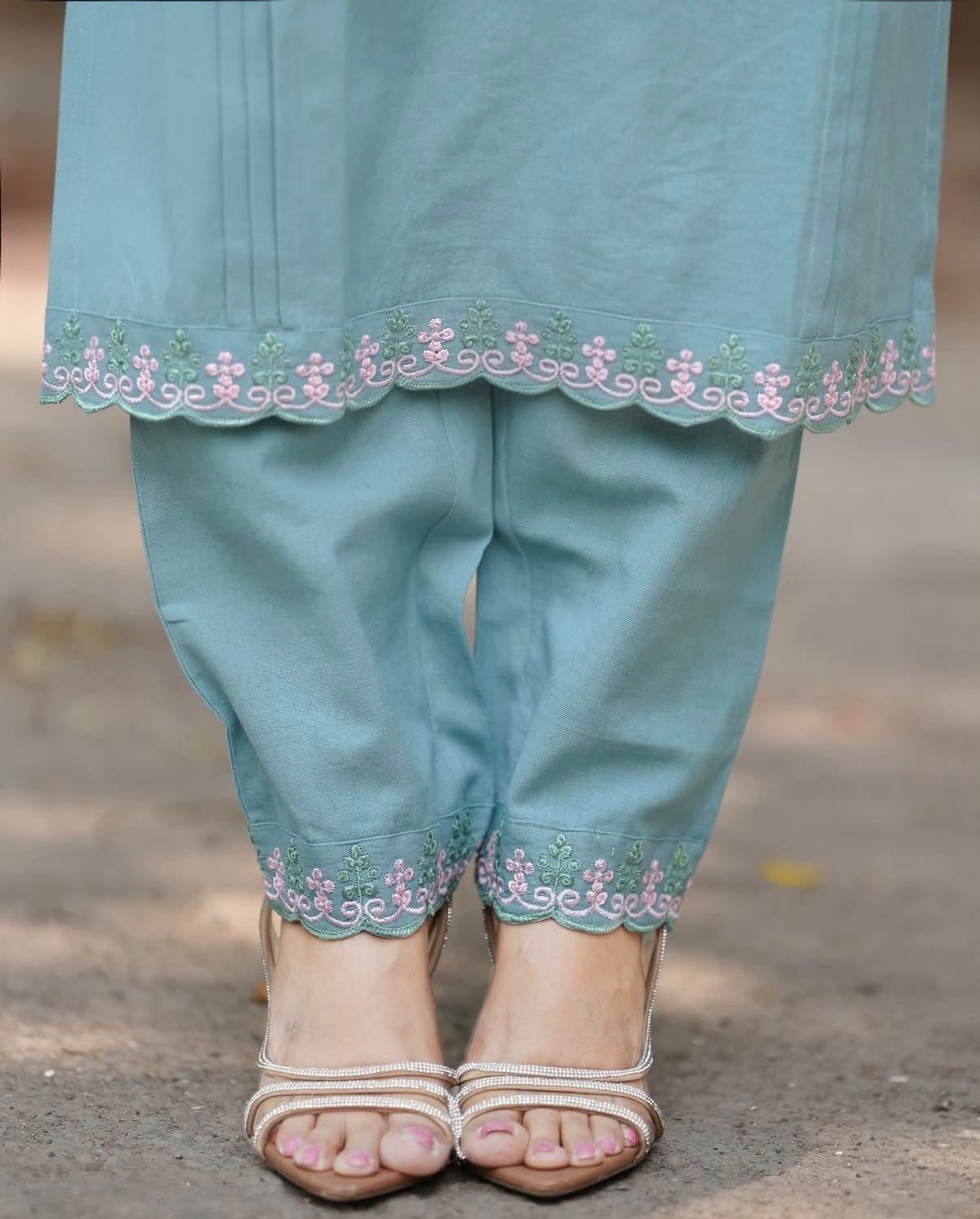 Slate Blue Embroidered Cotton Kurta and Pant Set with Dupatta