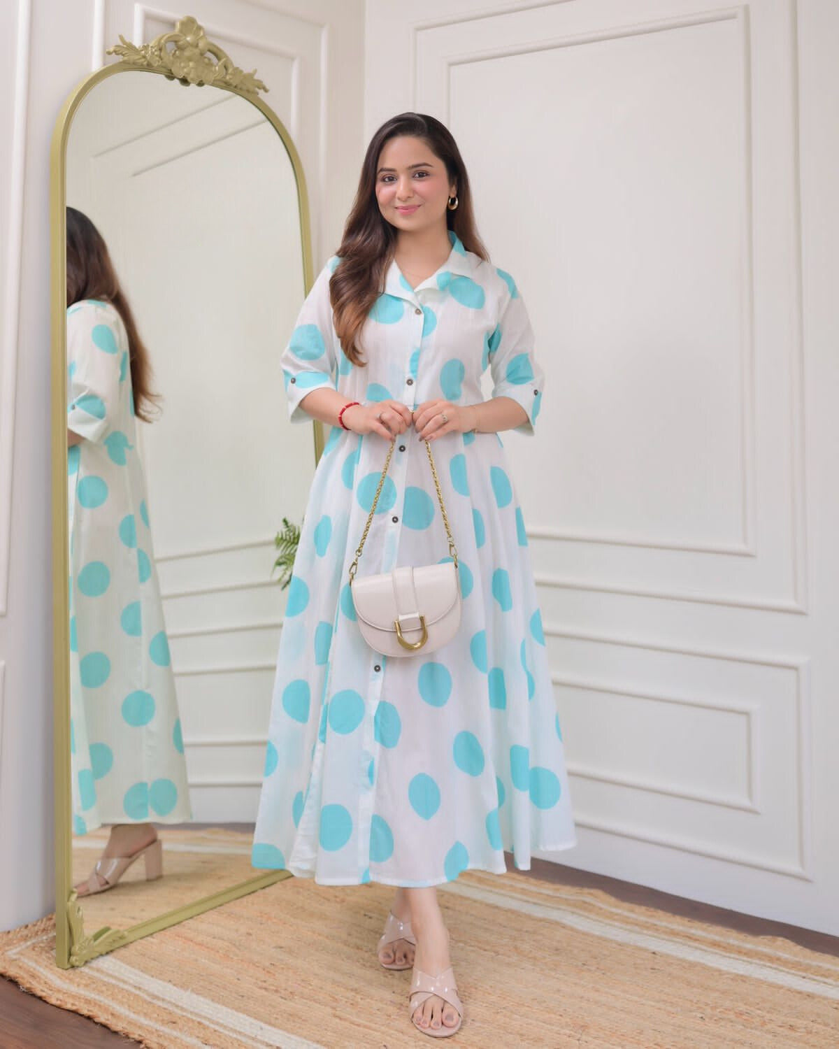 White Aqua Polka Dot Printed Rayon Anarkali Gown – Style Jaipur White Aqua Polka Dot Printed Rayon Anarkali Gown – Style Jaipur