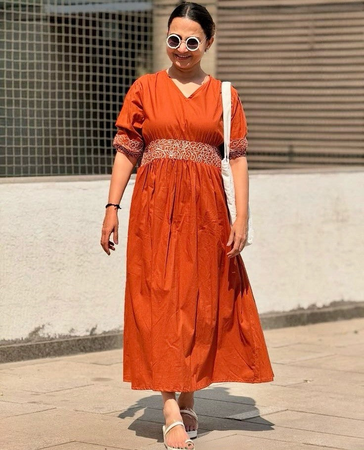 Rust Brown Embroidered Cotton Slub Anarkali Gown