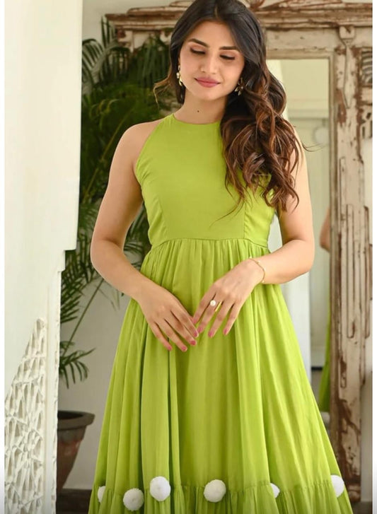Green Embellished Sleeveless Rayon Anarkali Gown