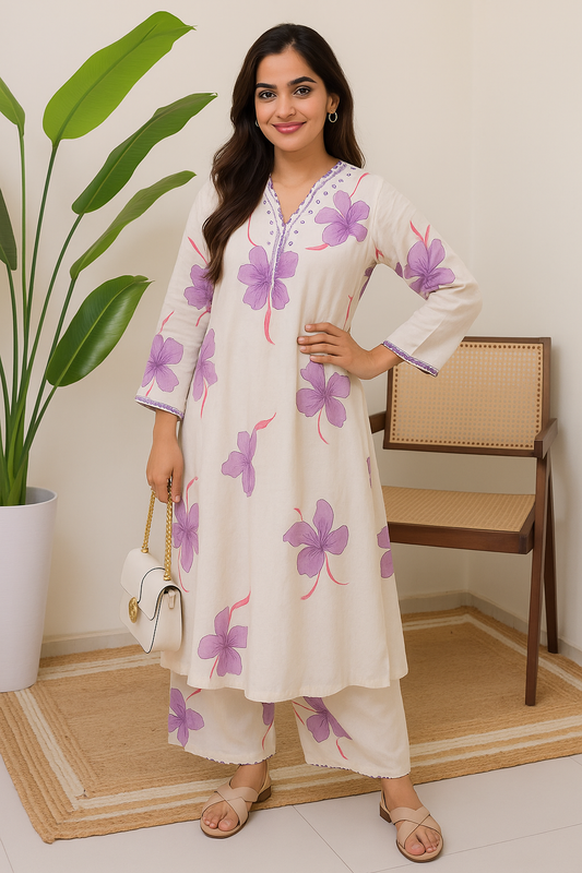 Off White Floral Printed Cotton Kurta and Palazzo Set