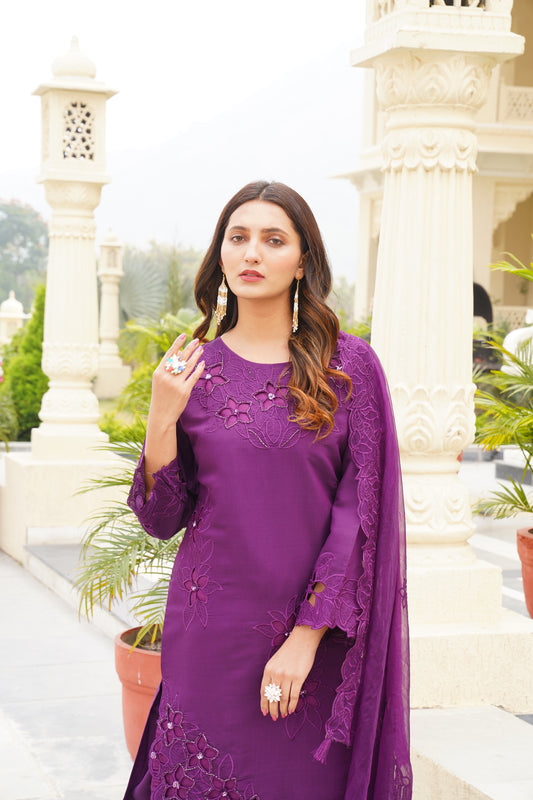 Purple Khatli Cut Work Ragga Roman Silk Suit Set with Organza Dupatta