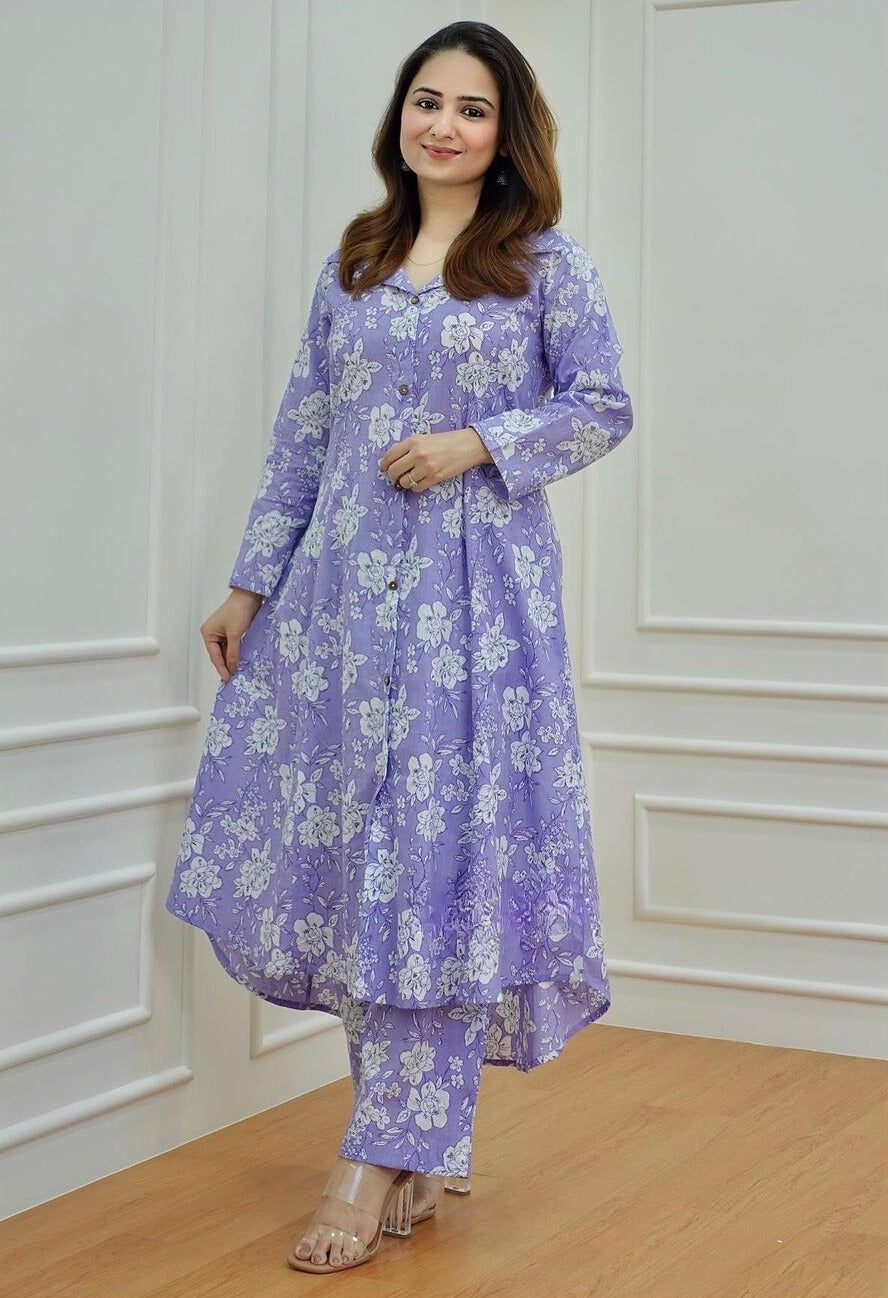 Floral Printed Lavender Purple Co Ord Set