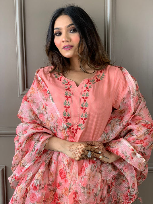 Peach Embroidered Katha Cotton Kurta Set with Kota Dori Dupatta