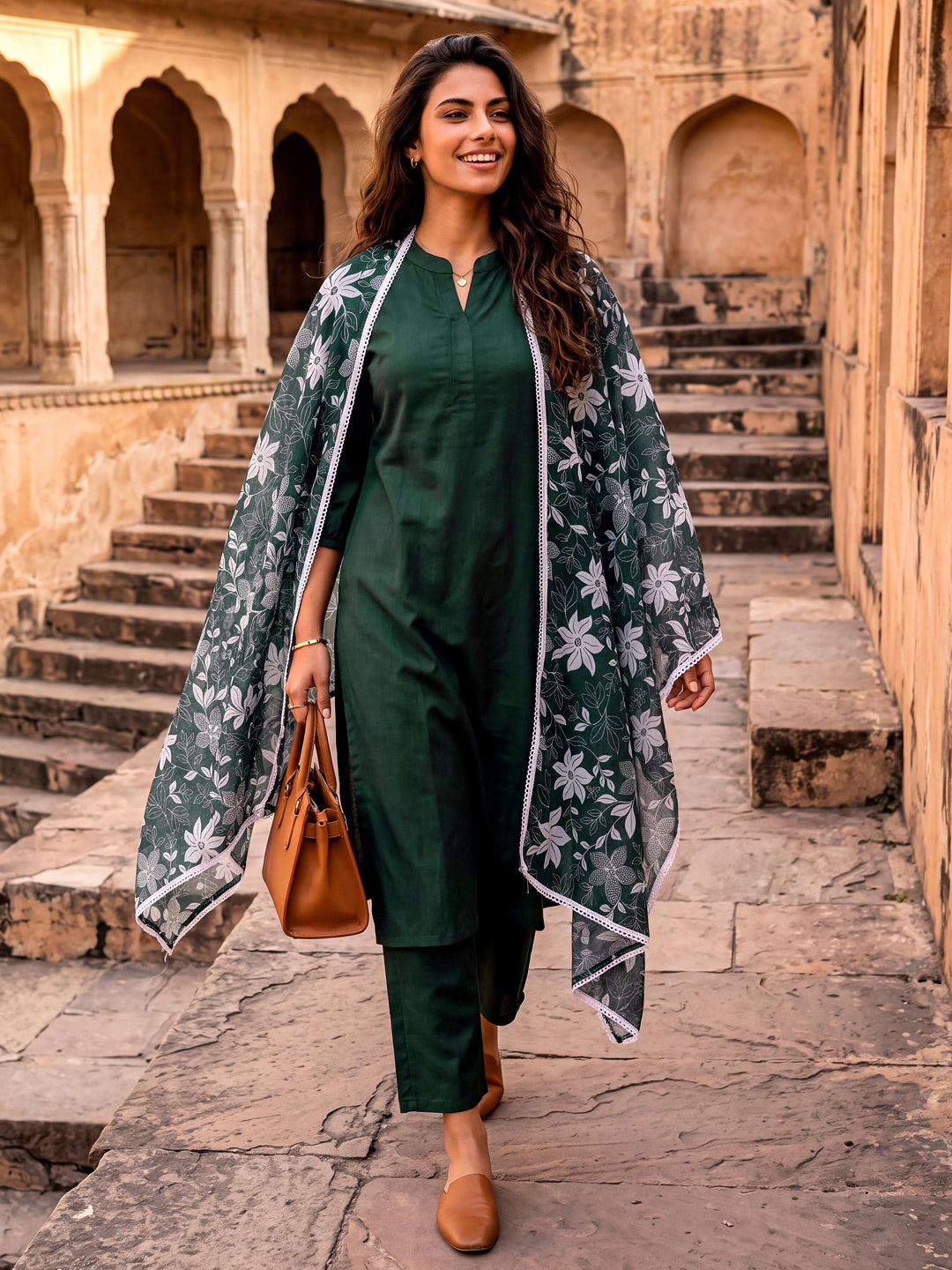 Bottle Green Kurta and Pent Set with Chanderi Dupatta