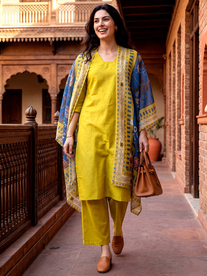 Mustard Kurta and Pent Set with Chanderi Dupatta