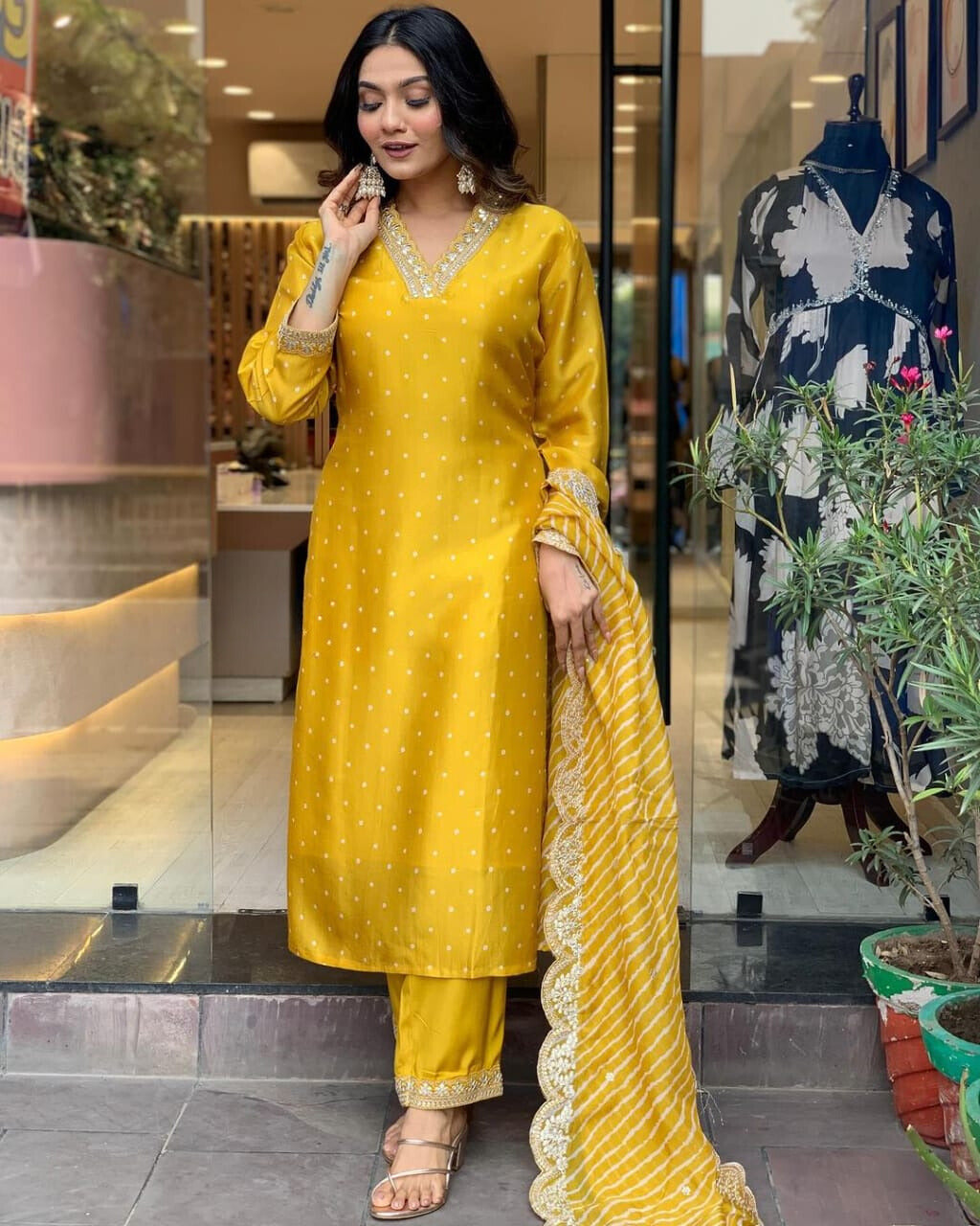 Yellow Embroidered Chinon Suit Set with Lehariya Dupatta