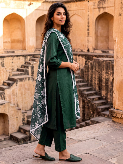 Bottle Green Kurta and Pent Set with Chanderi Dupatta