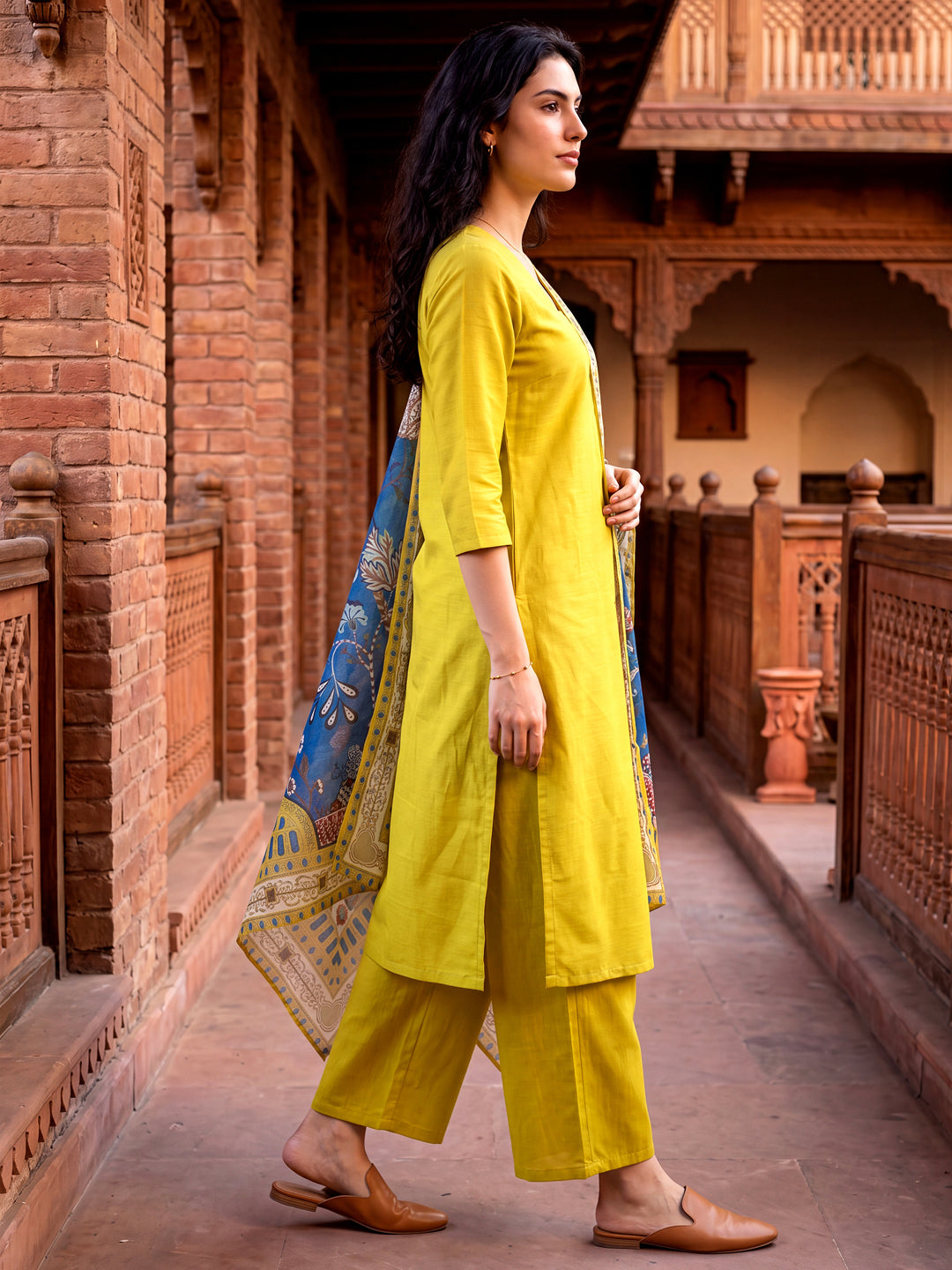 Mustard Kurta and Pent Set with Chanderi Dupatta
