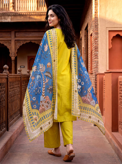 Mustard Kurta and Pent Set with Chanderi Dupatta