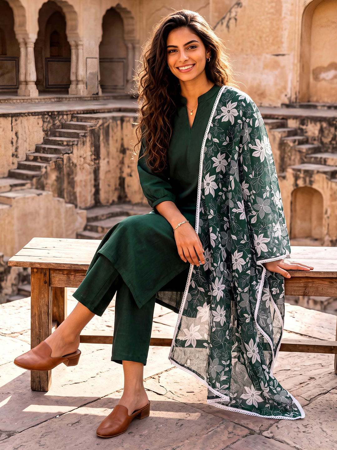 Bottle Green Kurta and Pent Set with Chanderi Dupatta