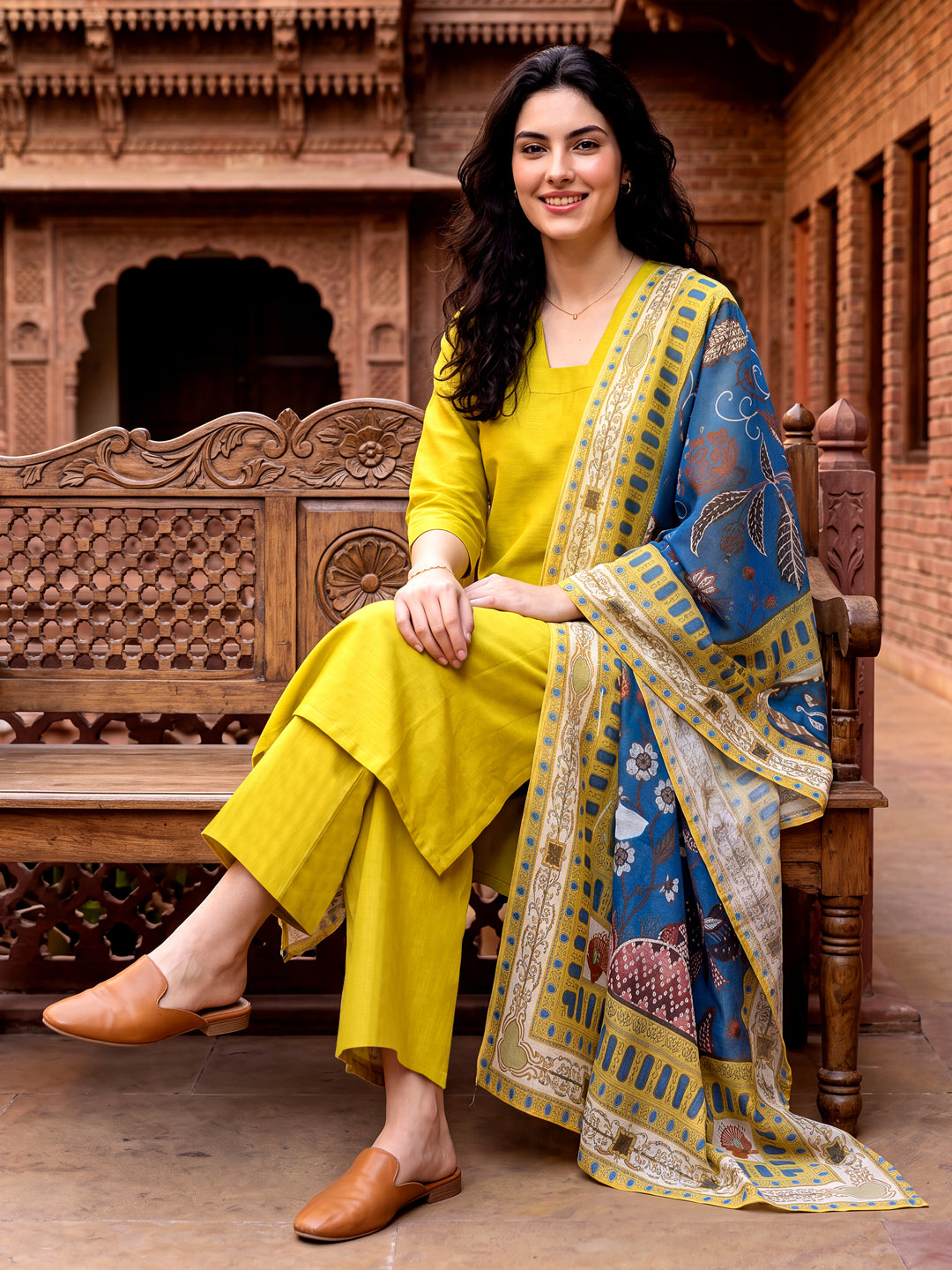 Mustard Kurta and Pent Set with Chanderi Dupatta