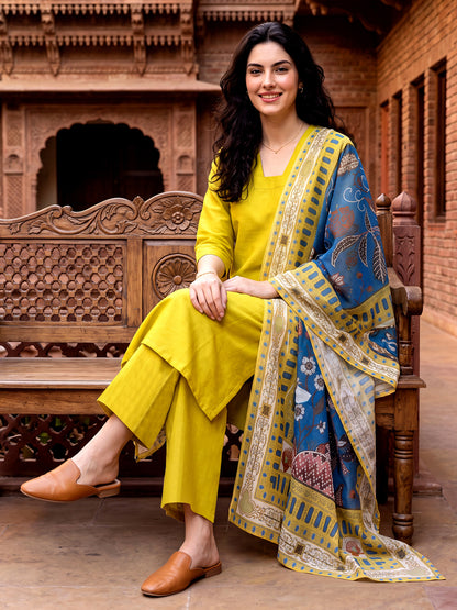 Mustard Kurta and Pent Set with Chanderi Dupatta