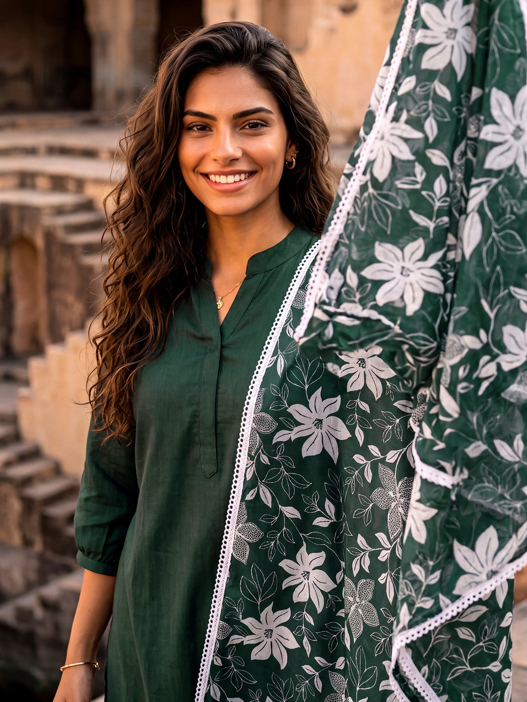 Bottle Green Kurta and Pent Set with Chanderi Dupatta