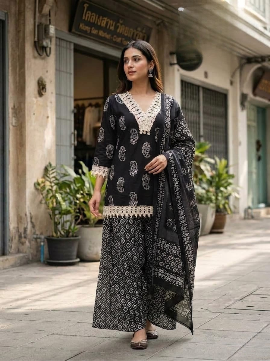 Black Printed Cotton Farsi Salwar Suit Set with Dupatta