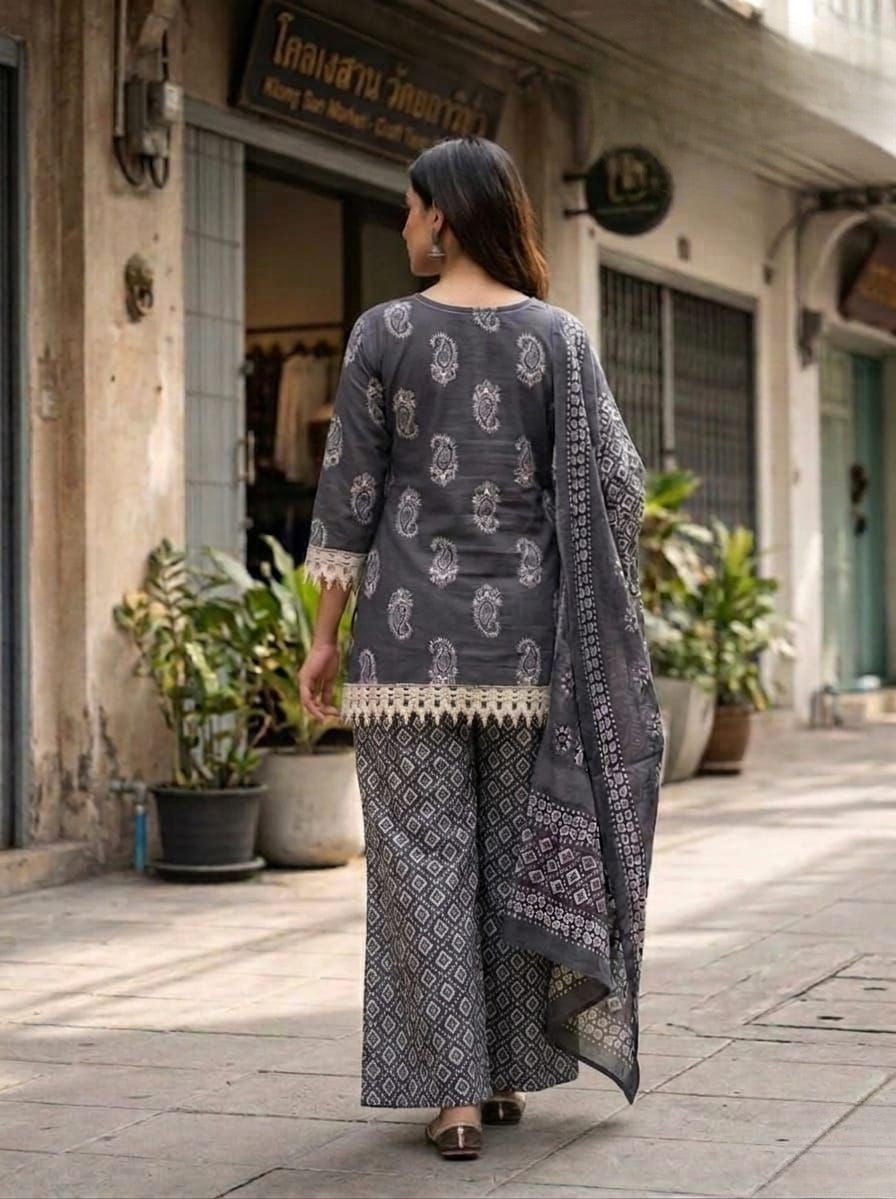 Grey Printed Cotton Farsi Salwar Suit Set with Dupatta