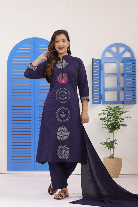 Navy Blue Embroidered Cotton Suit Set with Dupatta