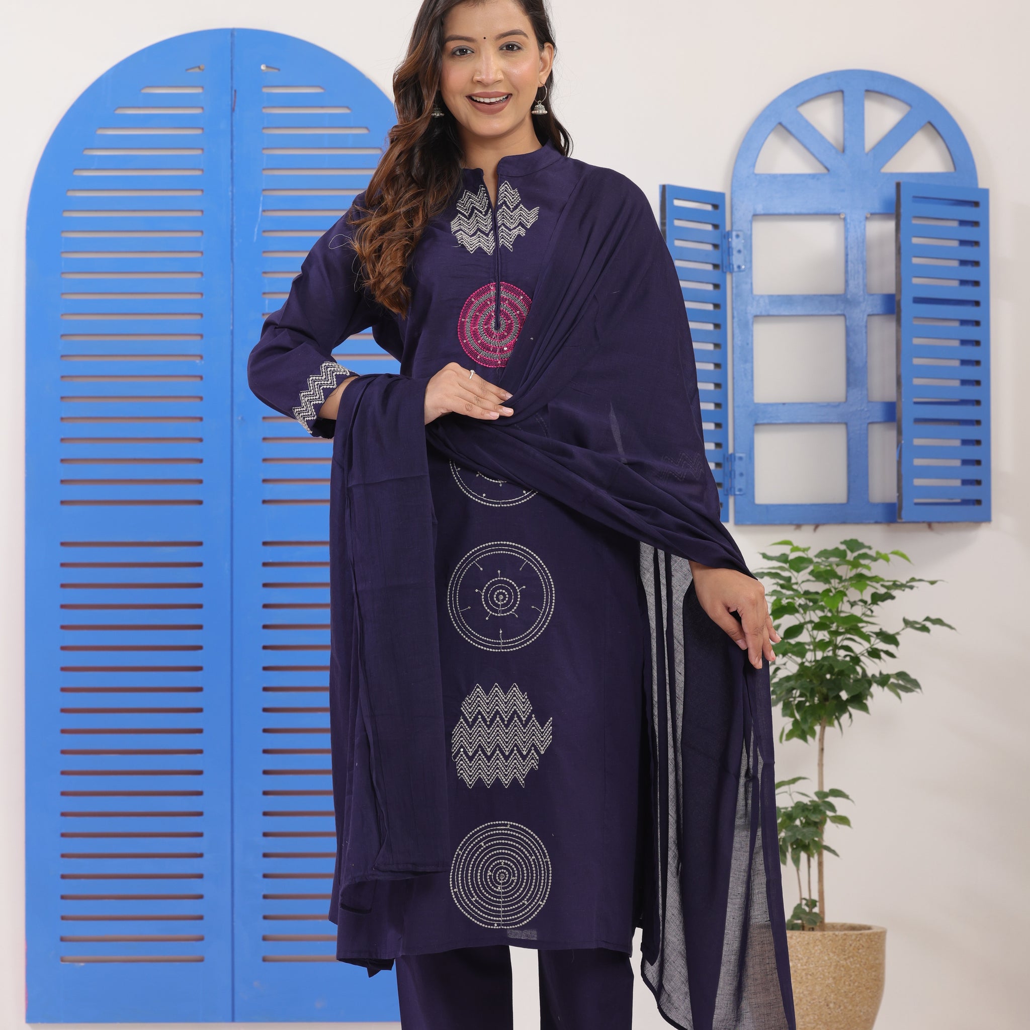 Navy Blue Embroidered Cotton Suit Set with Dupatta