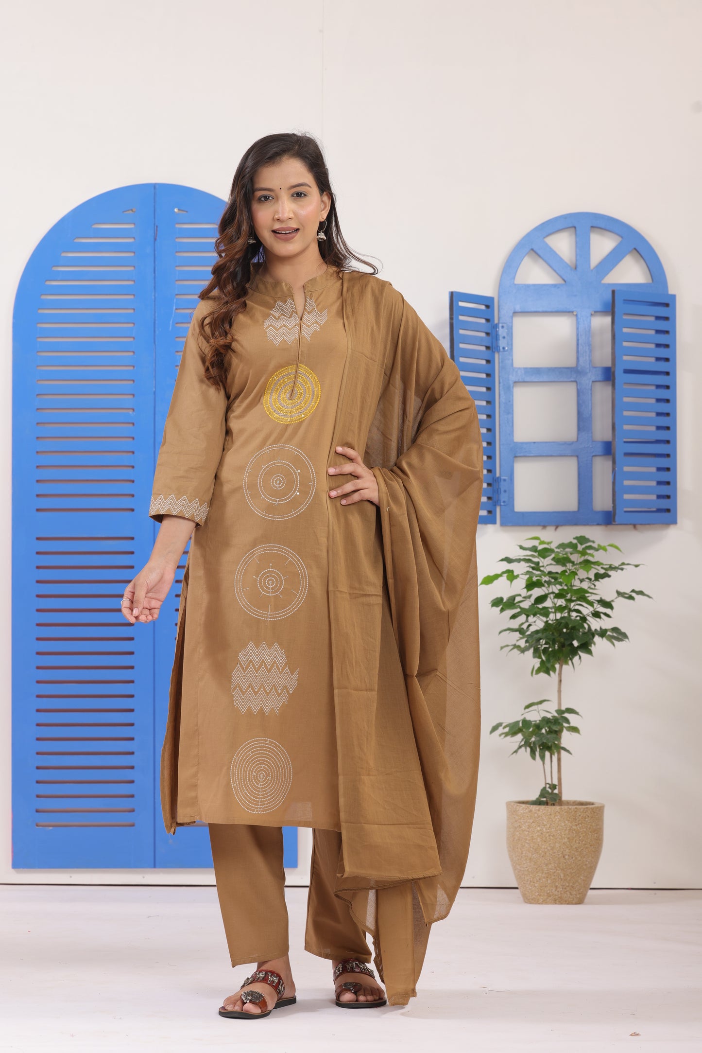 Dark Beige Embroidered Cotton Suit Set with Dupatta