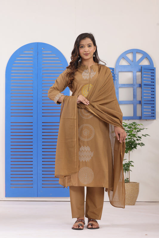 Dark Beige Embroidered Cotton Suit Set with Dupatta