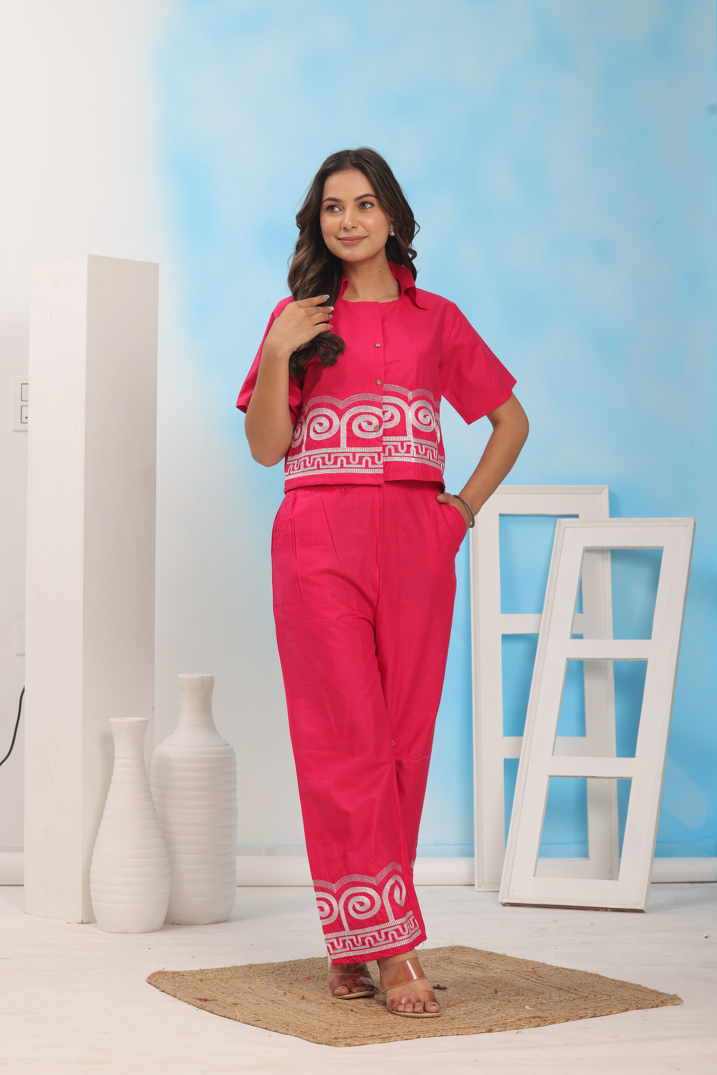 Pink Embroidered Cotton Co-Ord Set