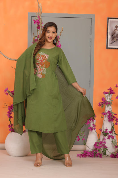 Green Embroidered Cotton Kurta and Pant Set with Dupatta