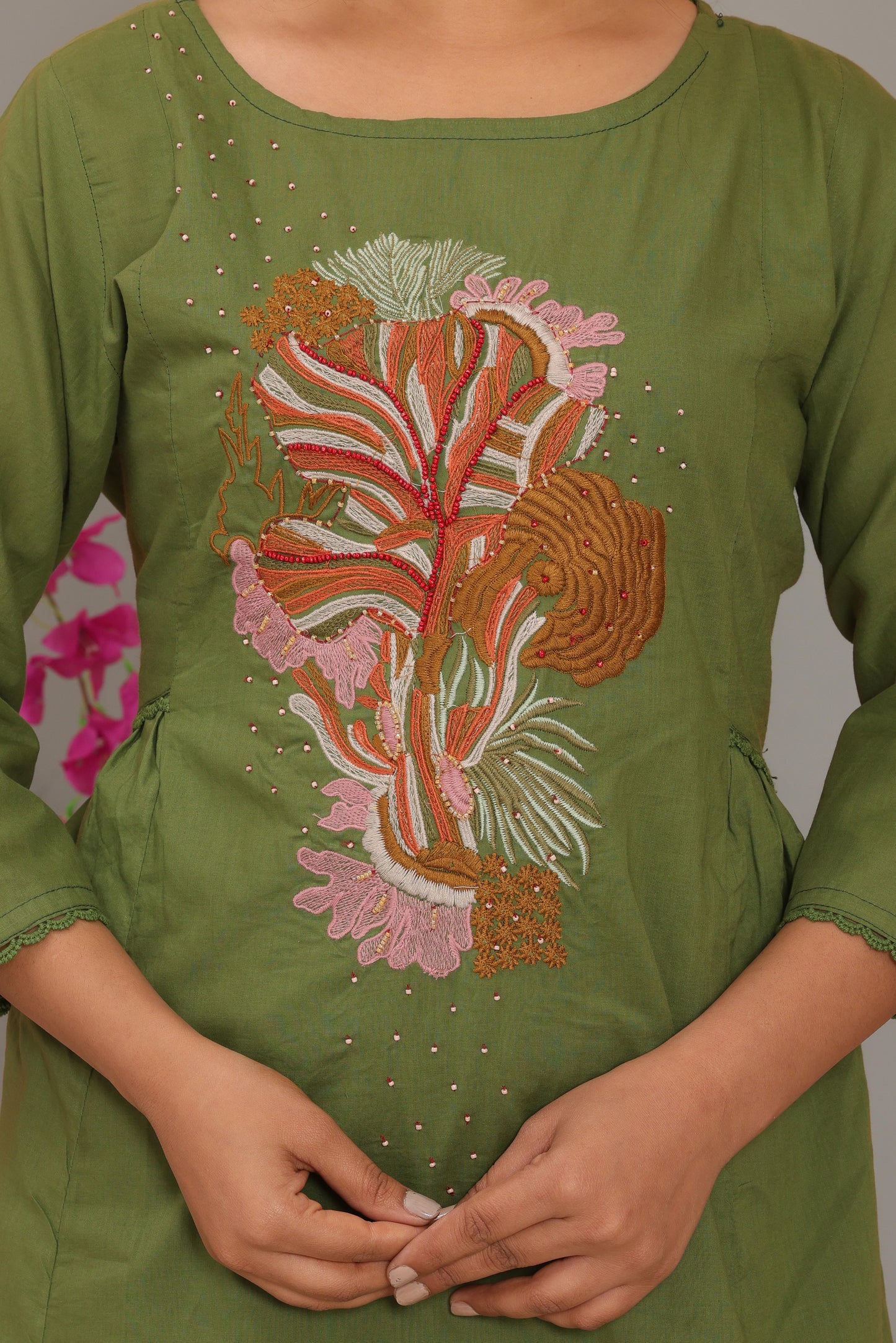Green Embroidered Cotton Kurta and Pant Set with Dupatta