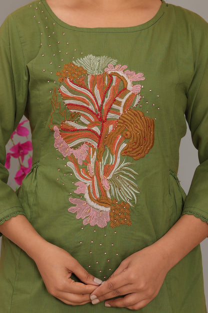 Green Embroidered Cotton Kurta and Pant Set with Dupatta