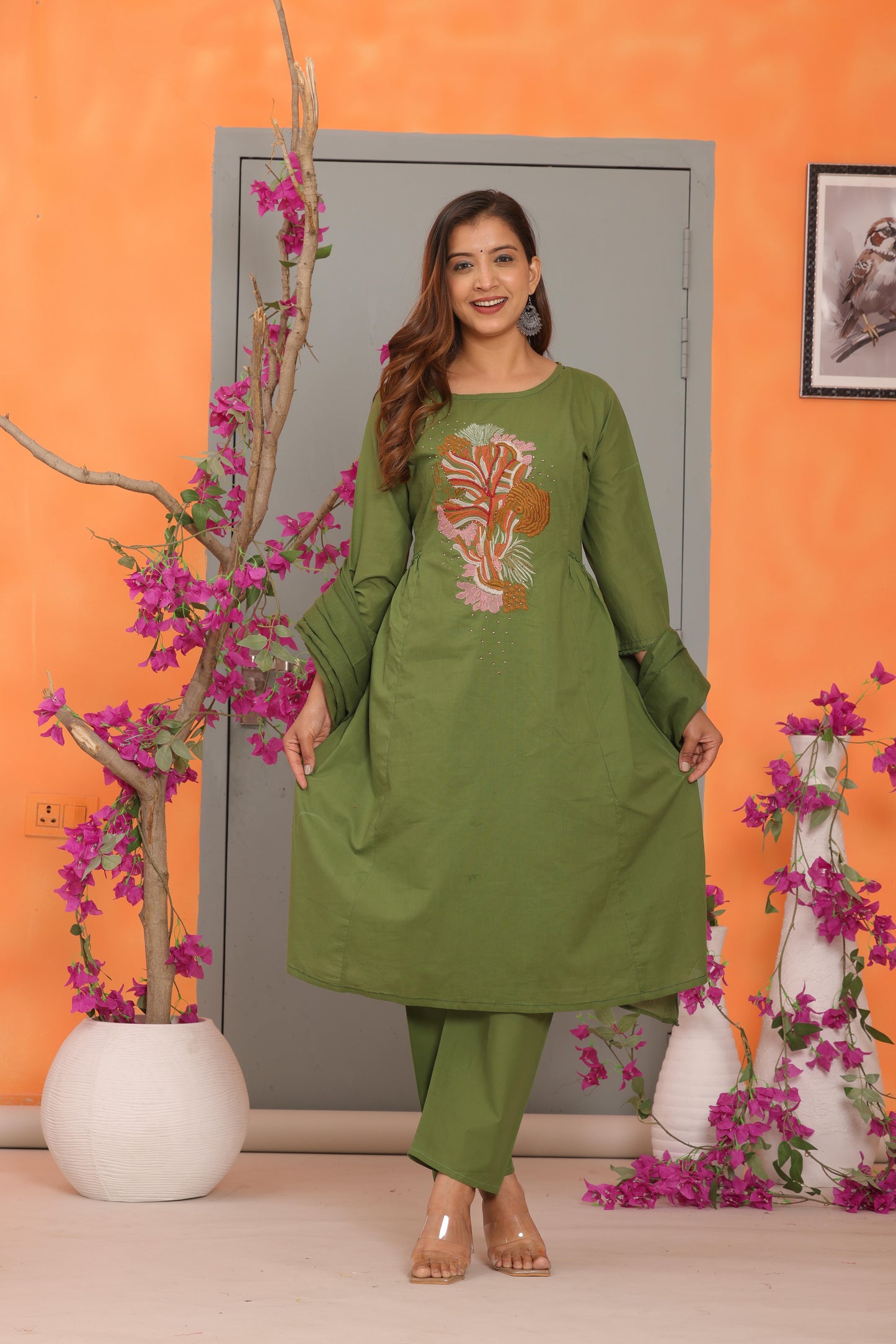 Green Embroidered Cotton Kurta and Pant Set with Dupatta