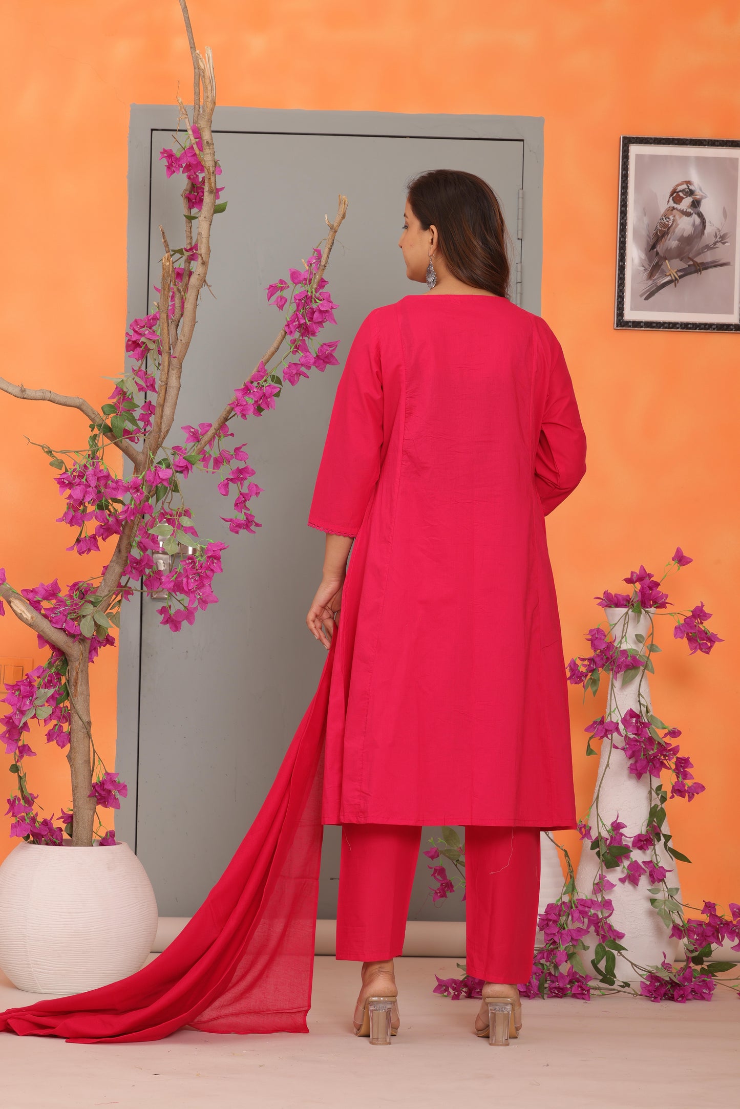 Red Embroidered Cotton Kurta and Pant Set with Dupatta