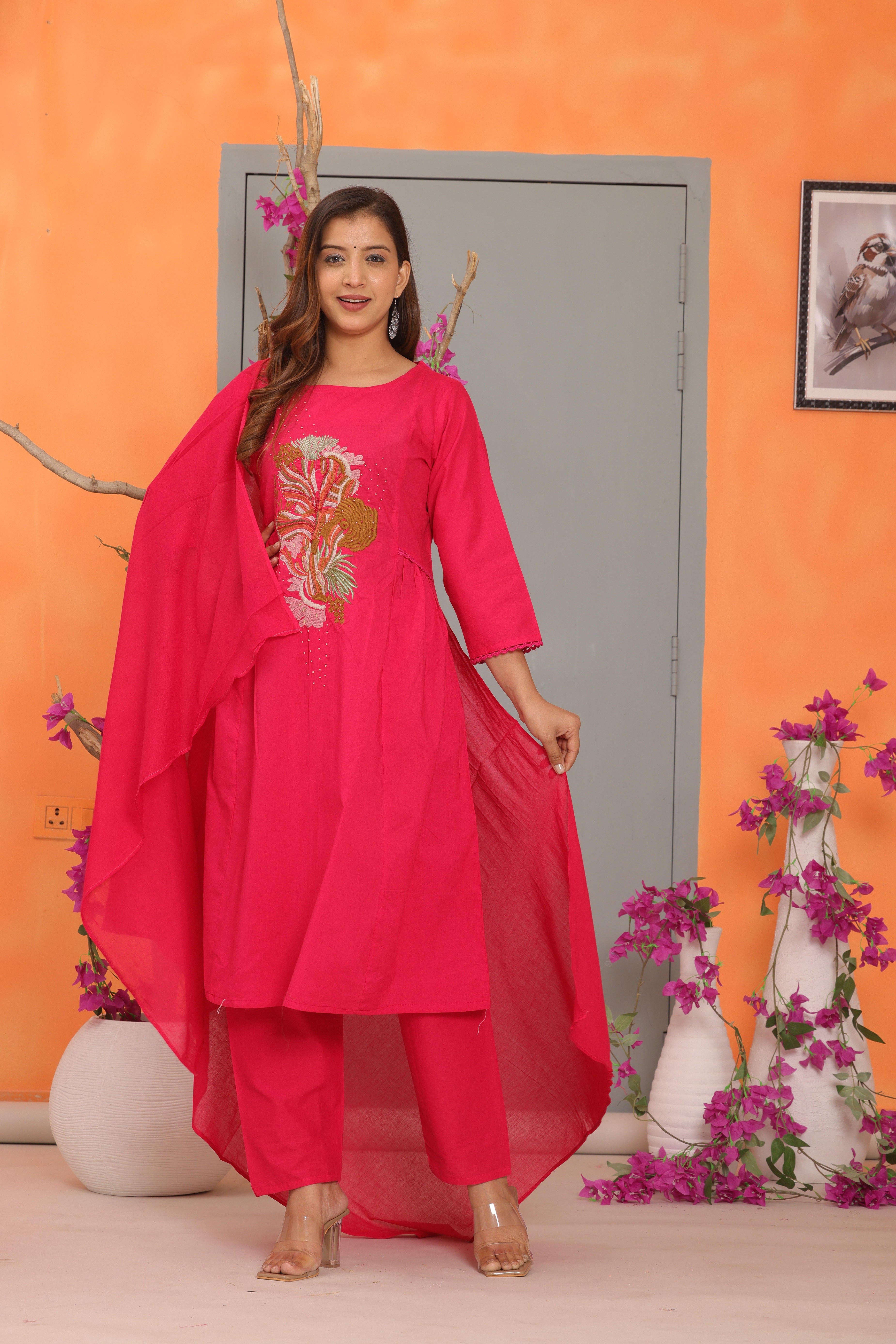 Red Embroidered Cotton Kurta and Pant Set with Dupatta